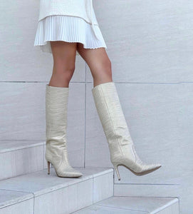 IVORY CROCO LEATHER BOOTS 90MM